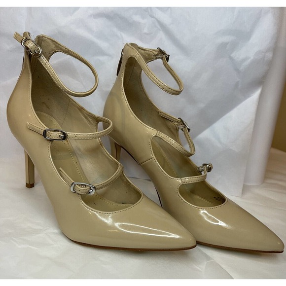 Marc Fisher Dabney Block Heels Nude Patent Buckle Strap 6 Zip Heel Pointed Toe - Picture 1 of 12